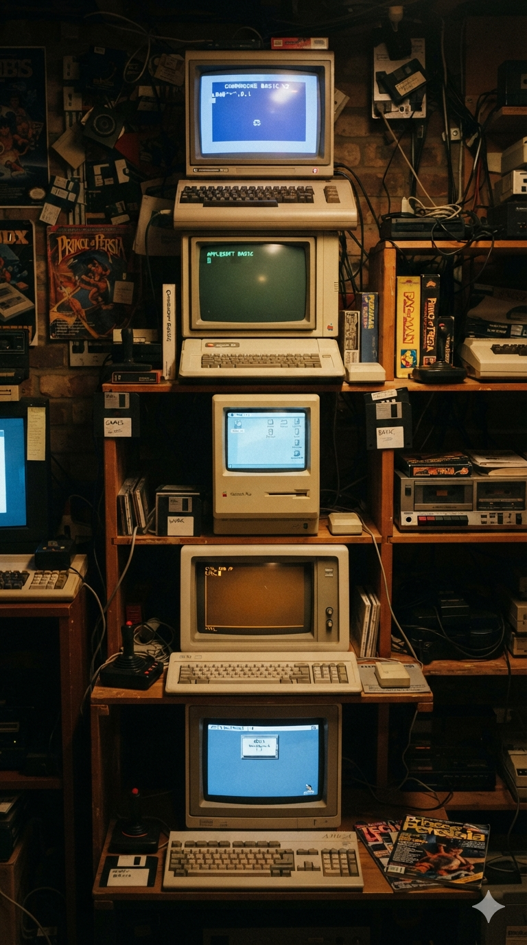 A stack of five retro computers in a dark room surrounded by various retro items
